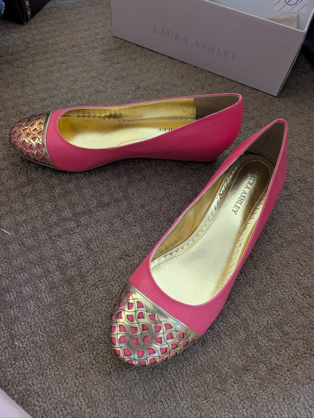 New Laura Ashley Bright Coral Wedges with Gold Lattice Toe